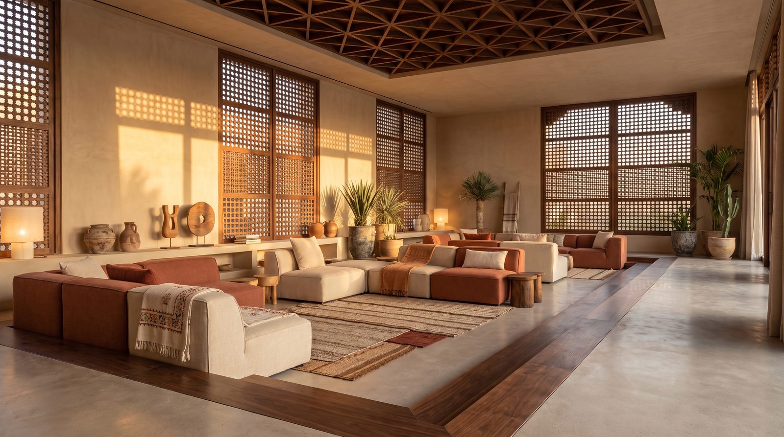 صالة استقبال واسعة بإضاءة وتصميم خشبي
